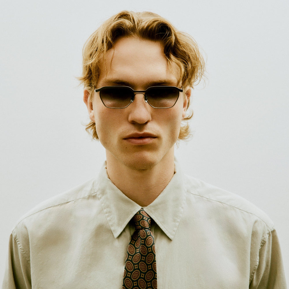 Close-up of the precision-engineered titanium temples on Vincent Catani Benno sunglasses