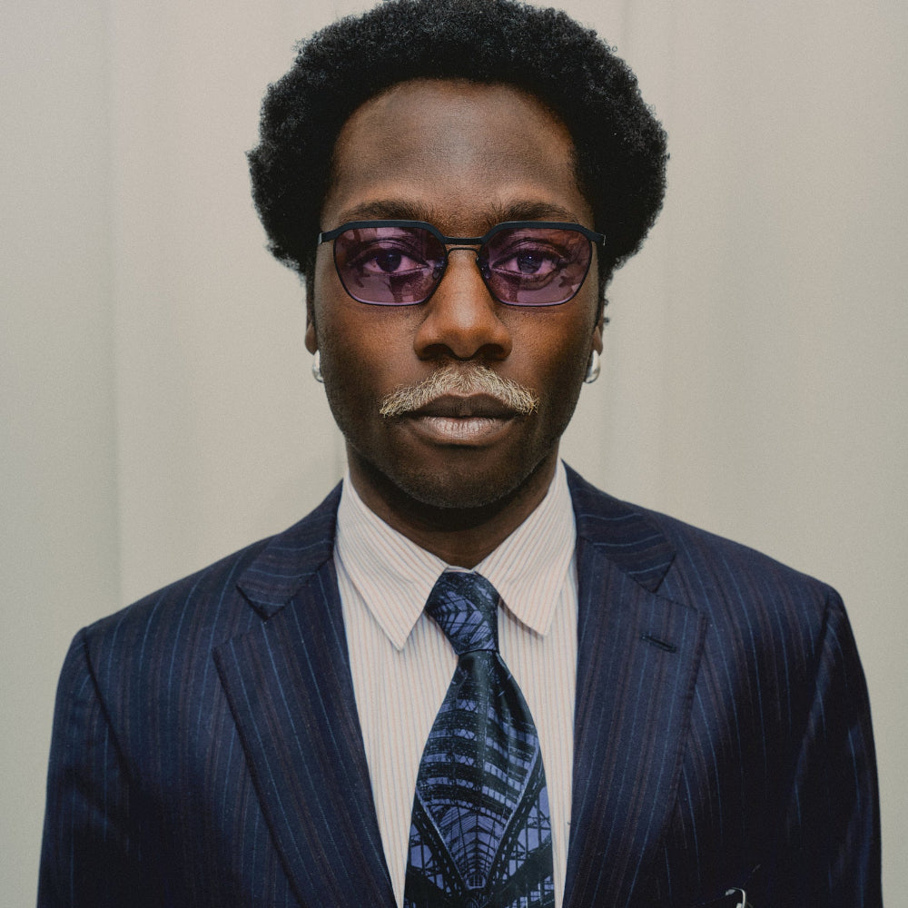 Model wearing Vincent Catani Benno purple sunglasses