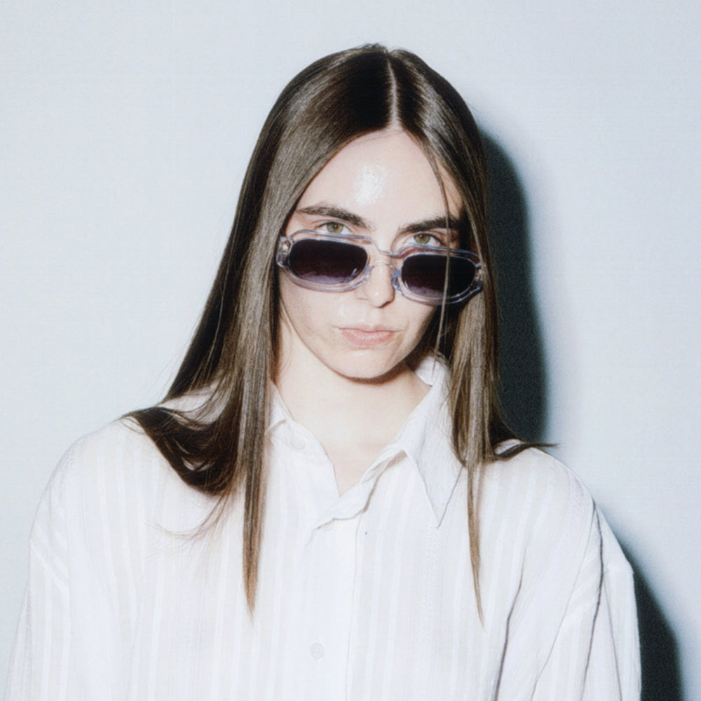 Lookbook: model wearing Vincent Catani DIRECTOR transparent acetate sunglasses